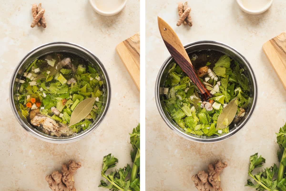 Roasted chicken bones, celery leaves, ginger root, turmeric root and garlic in a pot of water.
