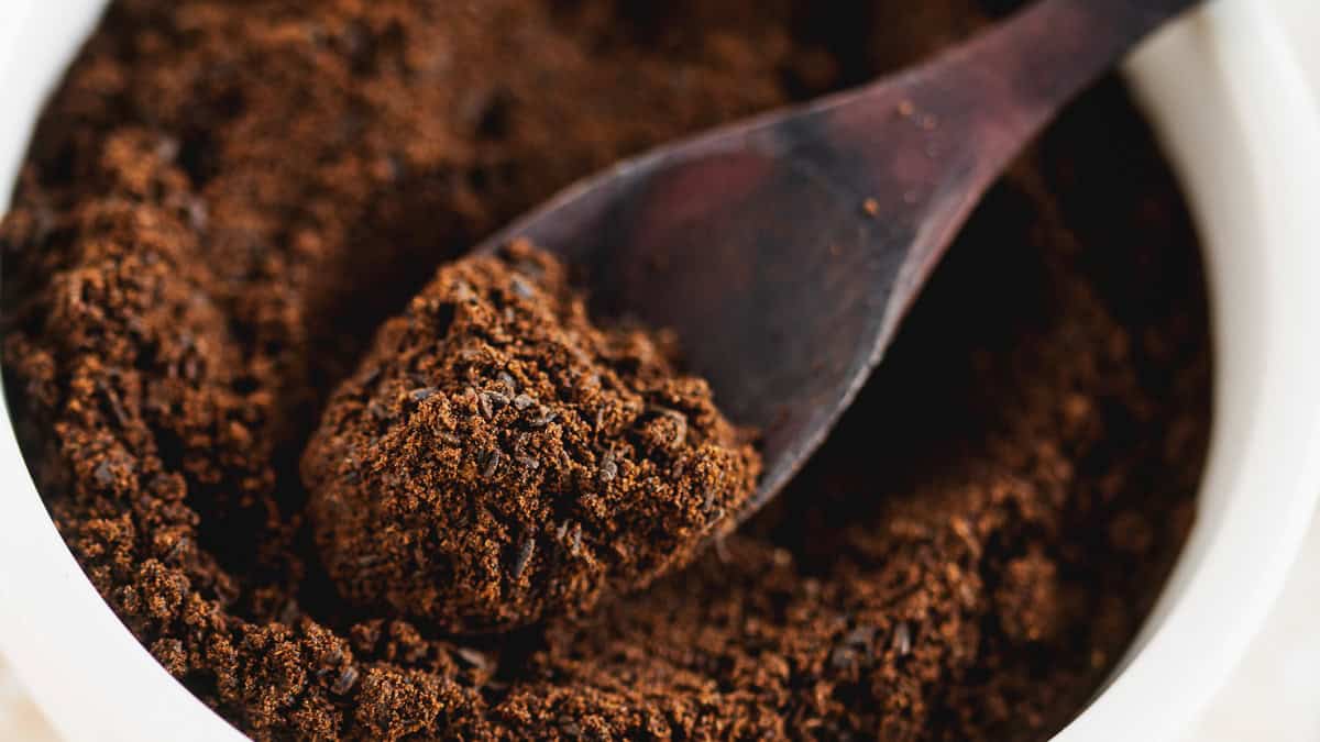 A spoonful of finely ground vanilla powder being scooped out of a bowl.