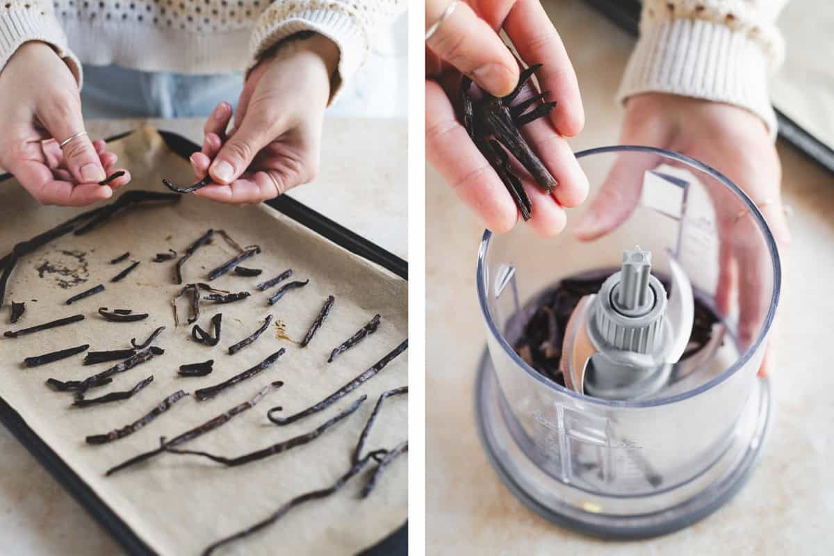 Michelle snapping dried vanilla beans in half and placing them into a mini food processor.