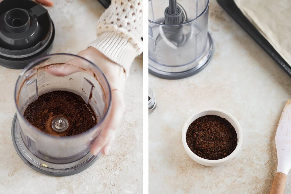 Freshly ground vanilla powder emptied from a mini food processor into a pinch bowl.