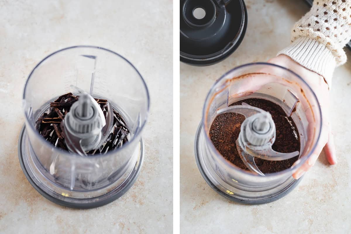 Dried vanilla beans halved and ground into a powder.