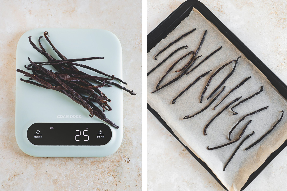 Weighed vanilla beans on a scale and spread evenly on a baking sheet.