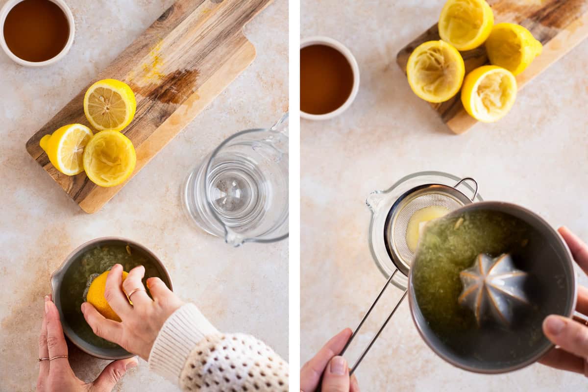A woman hand-juicing lemons and pouring the juice through a sieve into a glass pitcher.