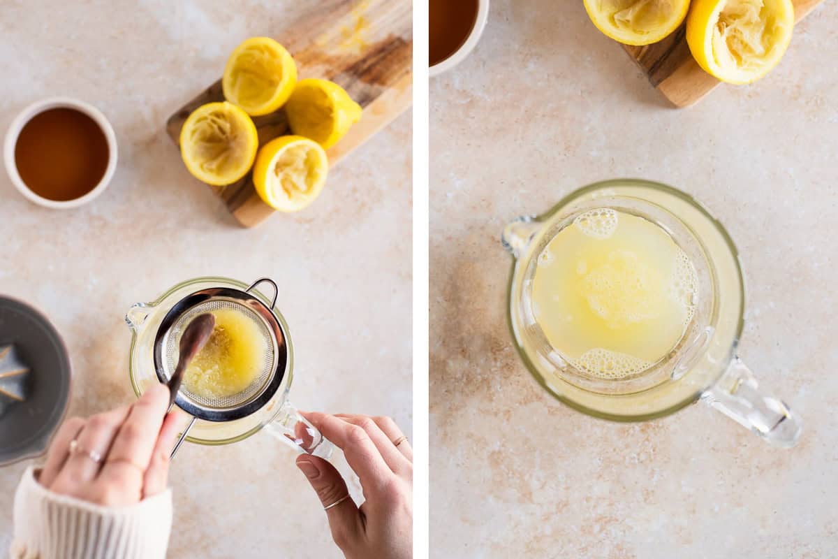 Lemon pulp being pressed in a sieve with a small wooden spoon.