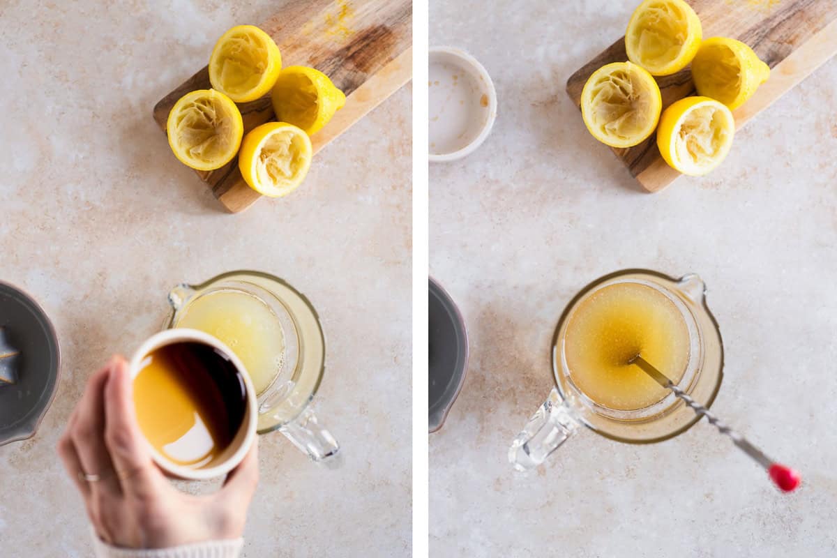 Maple syrup poured and stirred into lemon juice at the bottom of a glass pitcher.