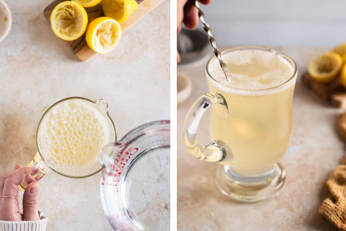 Fizzy sparkling water poured over lemon and maple syrup, and a long-handled spoon gently mixing it all together.