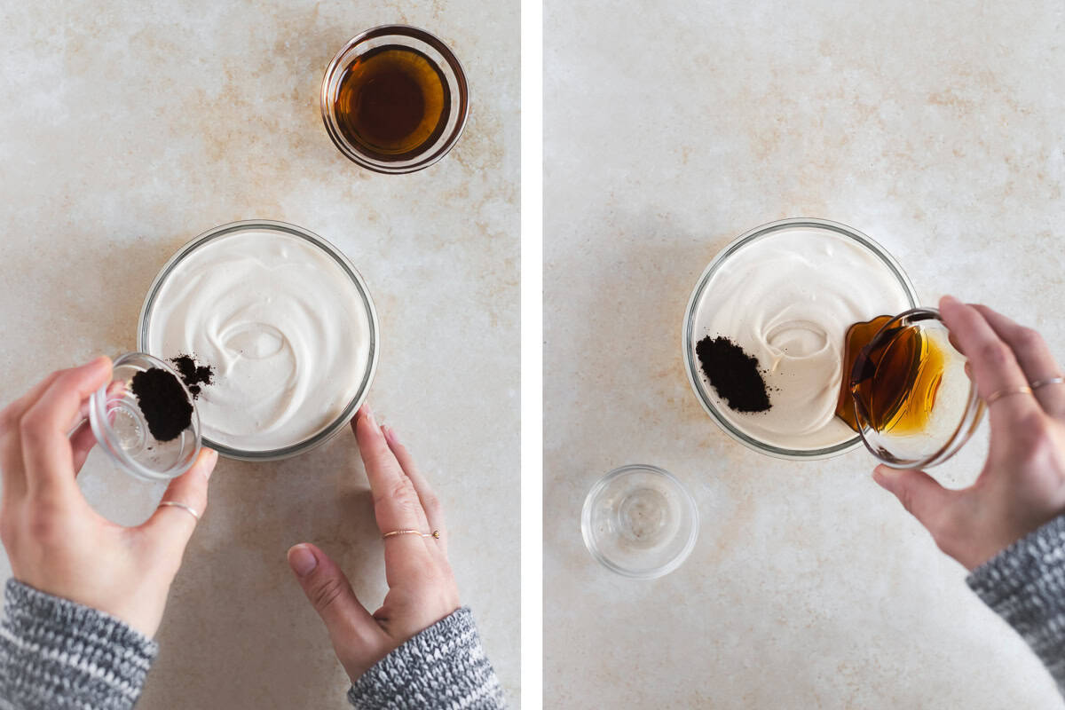 Vanilla powder and pure maple syrup being added to a bowl of cashew cream.