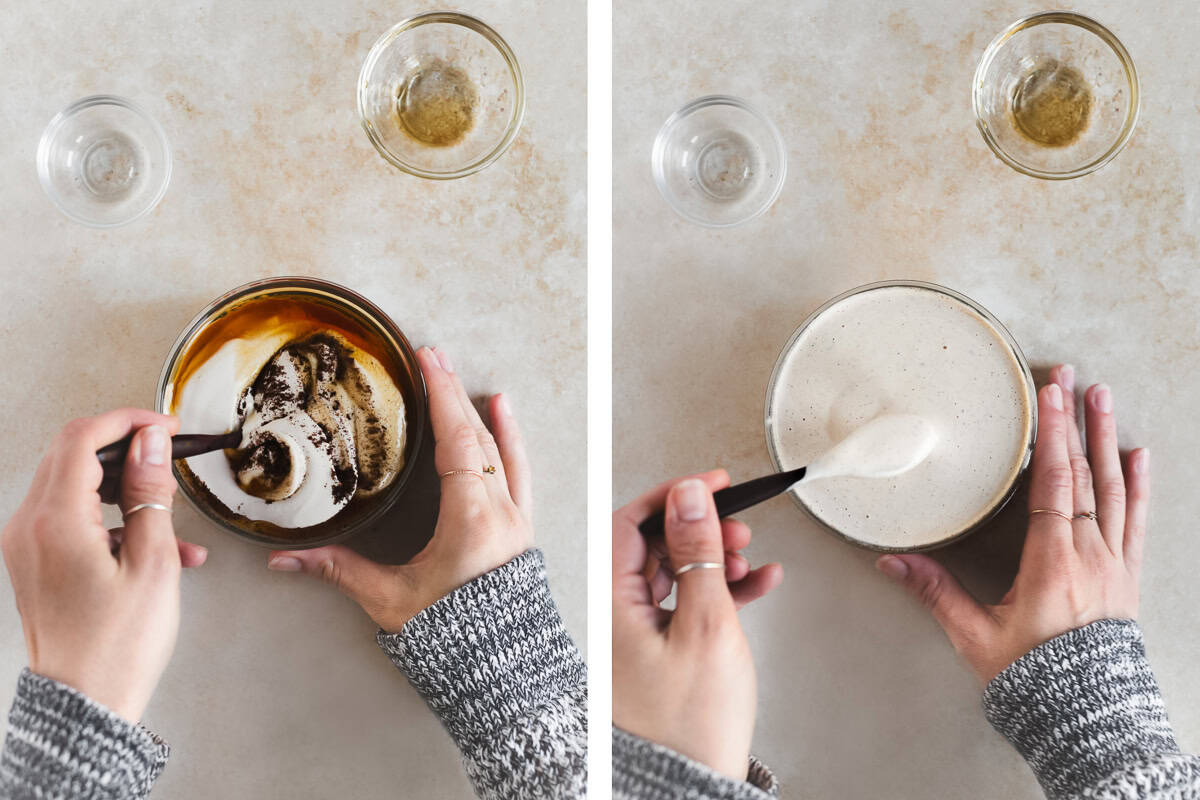 Vanilla powder and pure maple syrup getting stirred into a bowl of cashew cream.
