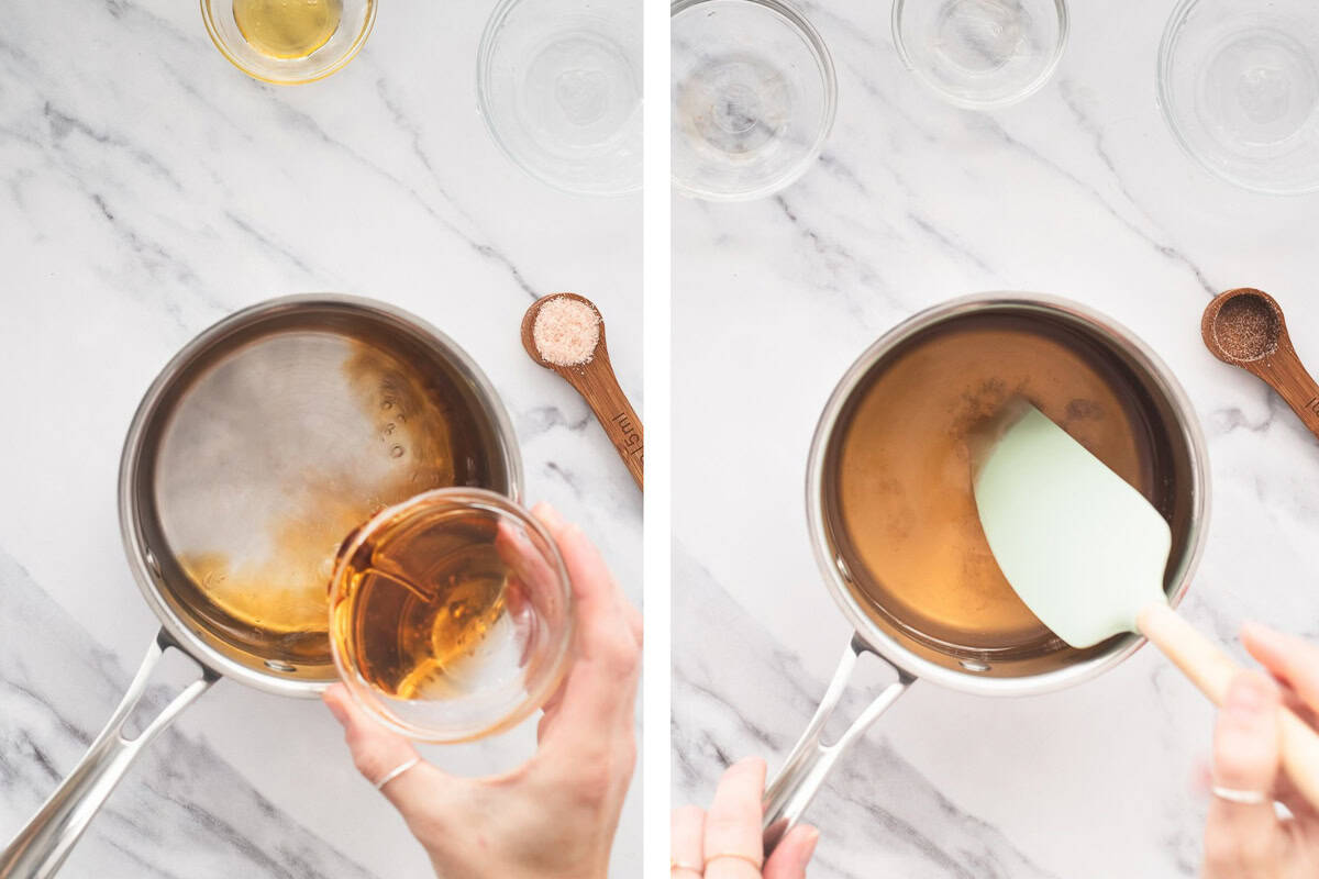 Combining and stirring apple cider vinegar, water, salt and honey in a stainless steel pot.