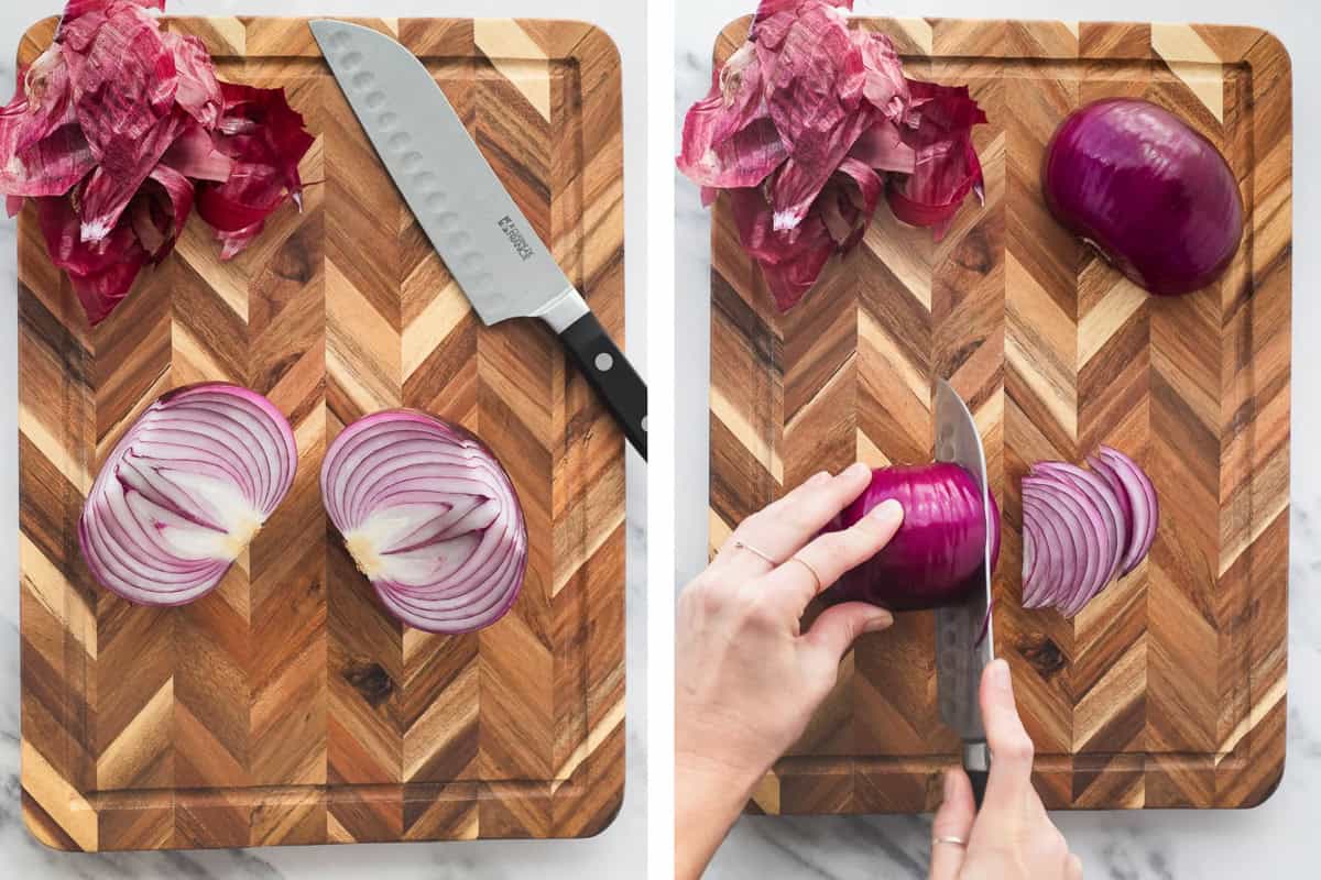 A red cut in half and being sliced with the grain.