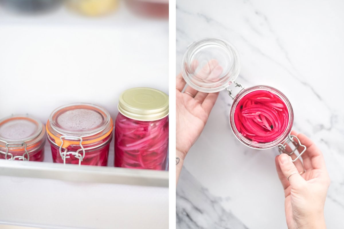 Three jars of pickled red onions on a refrigerator door shelf, and an open jar of pink quick-pickled onions.